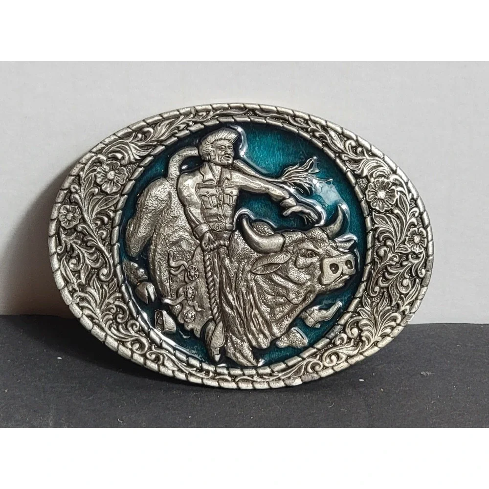 Vintage 1981 Belt Buckle Bucking Bull Rider Cowboy Rodeo Vintage Tortoise Inlay‎